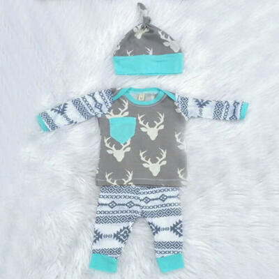 

2019 Kids Baby Girls Boy Deer Snowflake T-shirt Pants Clothes 3pcs Outfits sets