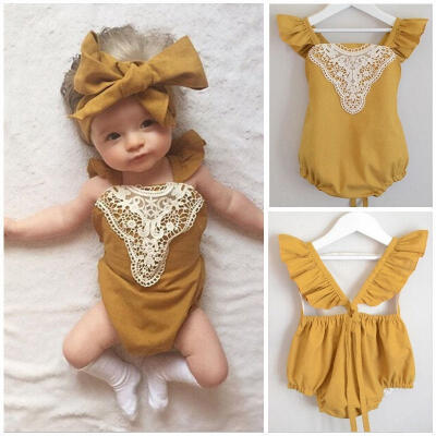 

Newborn Infant Baby Girl Lace Sleeveless Romper Bodysuit Jumpsuit Sunsuit Outfits Girls ClothesHandband