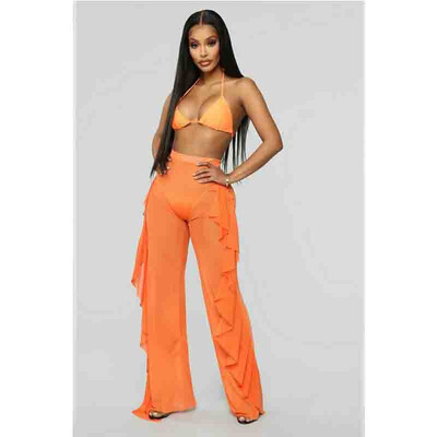 

Sexy Women Beach Mesh Ruffle Sheer Wide Leg Pants Trousers Bikini Cover Up -XXL