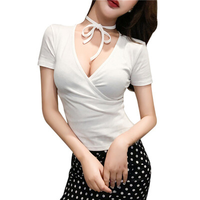 

Women Summer T-Shirt Sexy Deep V-Neck Cotton Lace Up Tee Shirt Femme Ladies Tops Casual Loose Solid Short Sleeve TShirts
