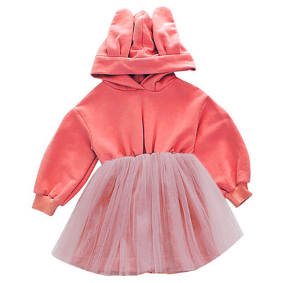 

Children New Autumn Baby Girls Dresses 2-8T Cute Solid Color Mesh Stitching Hat Collar Princess Long-Sleeved Sweet Toddler Dress