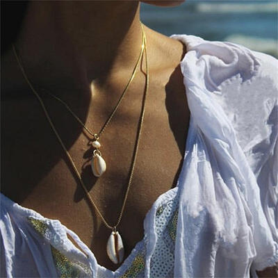 

Women Bohemian Necklaces Pearl Shell Pendant Multilayer Gold Long Choker Necklace Set Glamour Lady Beach Jewelry Accessories