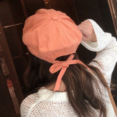 

Hat womens spring&summer cotton bow octagonal hat students leisure hundred sataed beret pure color literary painter hat tide