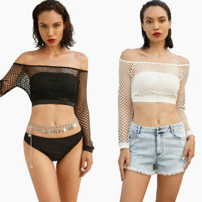 

US Women Ladies Sexy Long Sleeve See Through Mesh Fishnet Crop Top T-Shirt Set