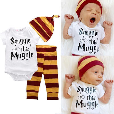 

3PCS Newborn Baby Boy Top Rompers Pants Leggings Hat Striped Outfits Set Clothes