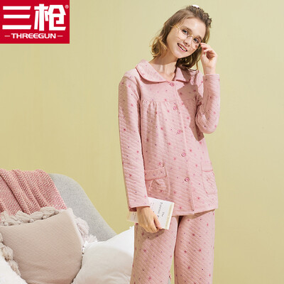 

Three guns THREEGUN home clothes womens autumn&winter new warm cotton lapel open pajamas cute floral ladies warm home pajamas sleep pants suit female pink
