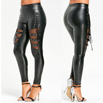 

Tailored Womens Fashion Grid Buckle Long Pants Tight Leggings Leather Tight pants