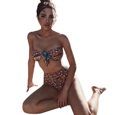 

Roseonmyhand Women Swimwear Bandage Bikini Set Printed Pleated Bow-knot Bathing Suit Swimsuit
