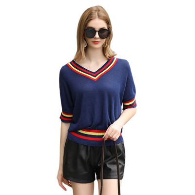 

KUN XUAN Womens Rainbow V-neck bat knitwear linen blend fabric 7982