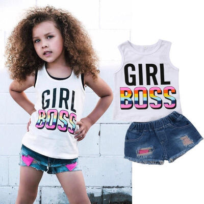 

Newborn Baby Kid Girls Cotton Sleeveless Vest T-shirt TopsShort Jean Pants 2Pcs