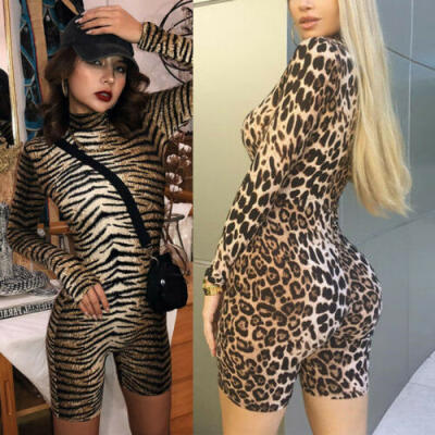 

US Stock Women Tiger Leopard Jumpsuit Long Sleeve Bodycon Rompers Clubwear