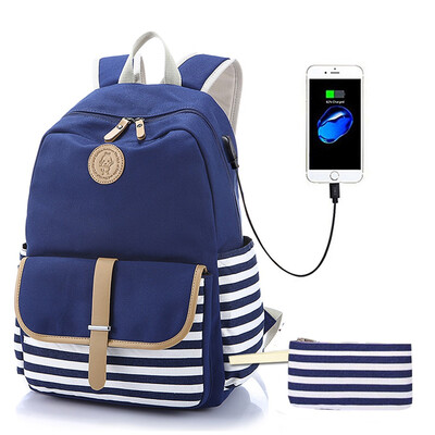 

Tailored 2PC Women Ladies Girl Striped Handbag Shoulder Backpack With USB Interface Bags