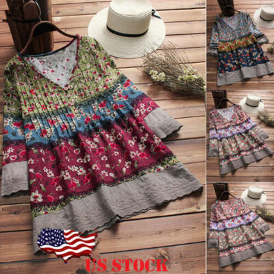 

Boho Women Vintage 34 Sleeve V-Neck Floral Loose Blouse T-shirt Tops Shirt USA