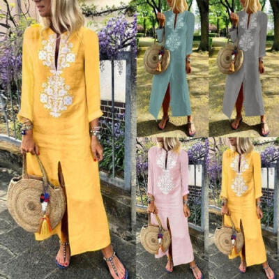 

Fashion Women Cotton Linen Maxi Dress Long Sleeve Casual Boho Kaftan Tunic Plus Size