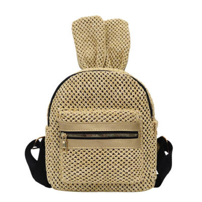 

Rabbit Ear Travel Backpacks Women School Bags Beach Straw Woven Knapsack