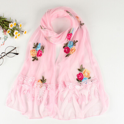 

2018 new Korean embroidery scarf double beauty silk scarf ladies lace stitching three rose specials