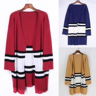 

Hot Holiday Casual Loose Long Sleeve Irregular Cardigan for Women Lady Stripe Knit Long Tops Outwear Coat Knitwear