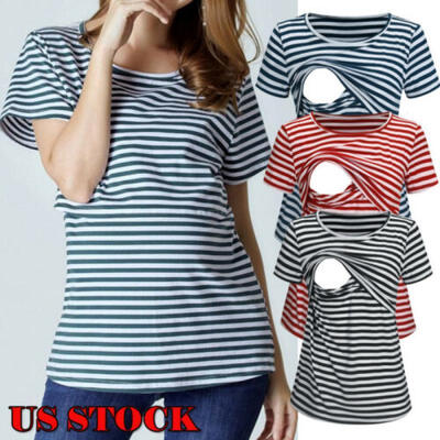 

Pregnant Maternity Breastfeeding Clothes Women Stripe Nursing Top T-Shirt Blouse