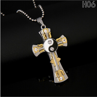 

High Quality Black Silver Stainless Steel Cross crystal Pendant Mens Necklace