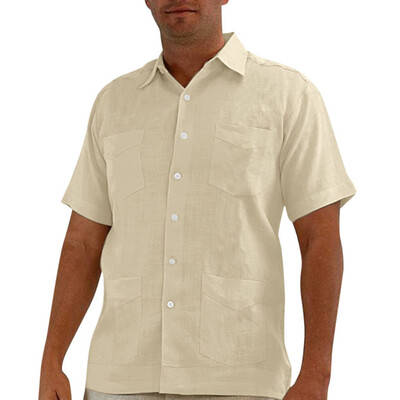 

Toponeto Mens Baggy Cotton Linen Solid Muti-Pocket Short Sleeve Turn-down Collar Shirts