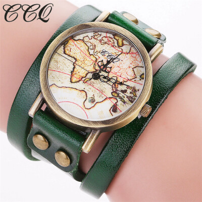 

CCQ Brand Fashion Vintage Leather Bracelcet Wrist Watch Casual World Map Pattern Women Quartz Watch Relogio Feminino 533