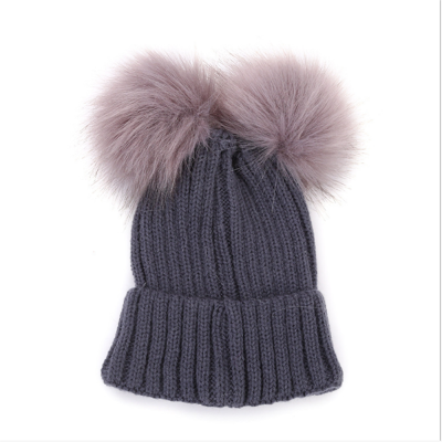 

Child Baby Boys Girls Beanie Hat Winter Warm Double Fur Pom Bobble Knit 4 Colors