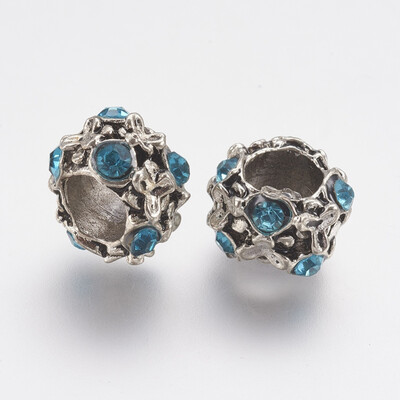 

Alloy Rhinestone Rondelle European Beads Large Hole Beads Antique Silver Aquamarine 10x7mm Hole 5mm