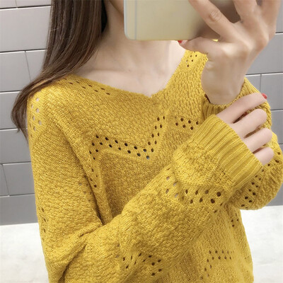 

Gobestart Women Casual Knitting V-Neck Tops Long Sleeve Bottoming Hollowed Out Sweater