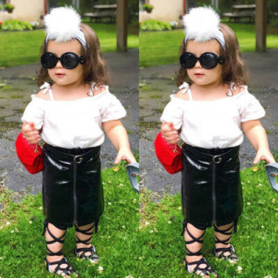 

USA Kids Baby Girls Off Shoulder Top PU Leather Mini Skirt Dress Outfits Clothes