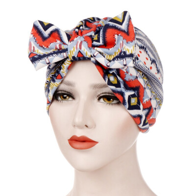 

1 Pc Multicolor Detachable Bowknot Printed Head Wrap Muslim Turban Head Cap Indian Headscarf Cap