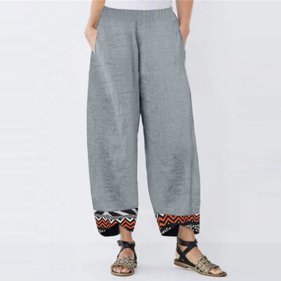 

Gobestart Fashion Womens Plus Size Pocket Lrregular Print Splice Loose Cotton Linen Pants