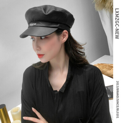 

Net Red Hat Womens Korean Pu Beret versatile letter cap fashion military cap ADULT