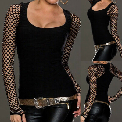 

Gobestart Women Slim Low Cut Long Sleeve Blouse Net Tops Punk Rock Gothic Fishnet Shirt