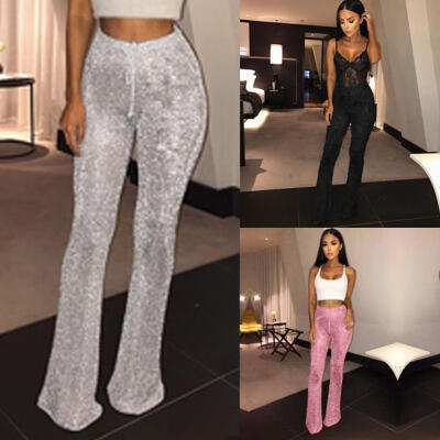 

Sexy Women Bell Bottom Long Pant Sequin High Waisted Clubwear Party Trouser -XL