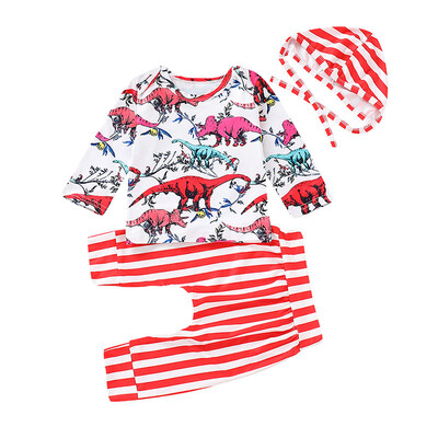 

Spring Autumn Baby Girl Casual Dinosaur Pattern Tops Long Sleeve T-shirt Striped Pattern TopsTrousersStriped Hat Outfits Set