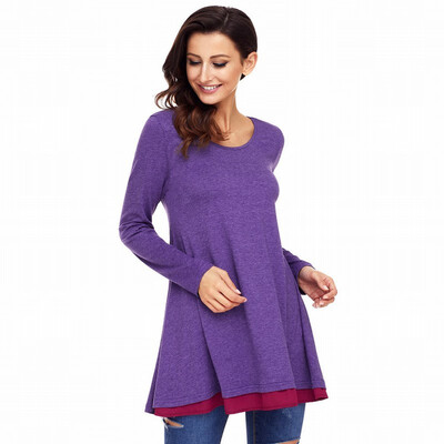

Round neck long sleeve solid color casual long loose top