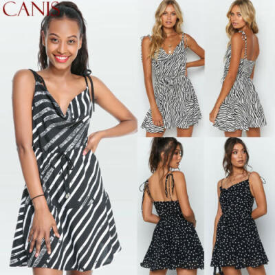 

Summer Women Boho Strap Sleeveless Beach Mini Dress Casual Striped Sundress -XL