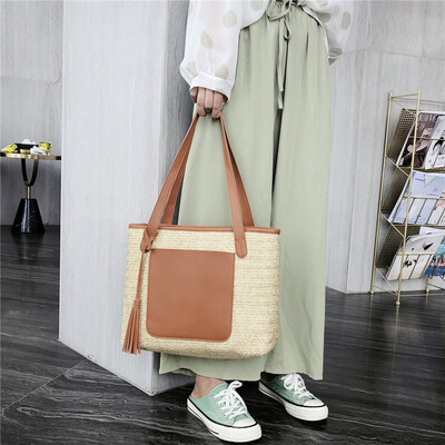 

Beach bag female new holiday casual weaving color matching shoulder bag large capacity straw tote bag tide