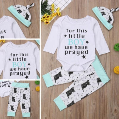 

Newborn Infant Baby Boy Cotton Tops Long Sleeve Romper Cartoon Cat Pants Caps Outfits Set Clothes