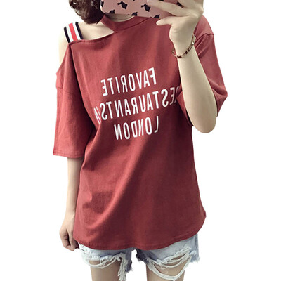

Women Off-shoulder Summer Cartoon Letter Print Loose Short Sleeve Casual Simple Wild T-Shirt