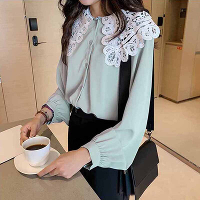 

Women O Neck Long Sleeve Chiffon Blouse Ladies Fashion Elegant Blouses Women Lace Patchwork Blouse Shirt Casual Women Tops