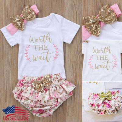 

3PCS Newborn Baby Girl Floral Outfits Clothes Tops RomperTutu Shorts Pants Set