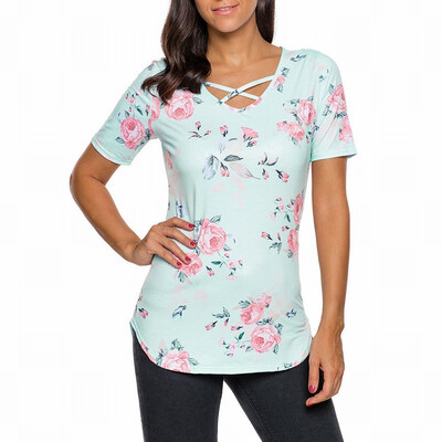 

Round neck short sleeve printed neckline cross casual T-shirt top
