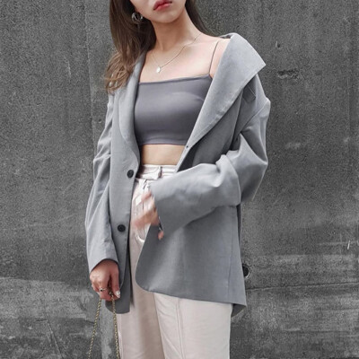 

Toponeto Fashion Women Outwear Long Sleeves Gray Lapel Tailored Collar Cardigan Suit Coat