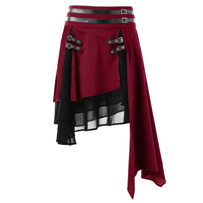 

Women Retro Gothic Irregular Layered Hem Slit Buckle Skirt High Waist Mini Skirt