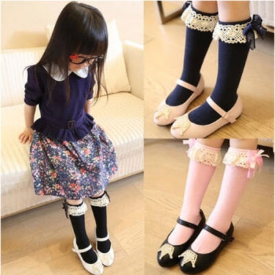 

Lovely Girls Kids Knee High Socks Stocking Cotton Baby Lace Bow Warm Leggings