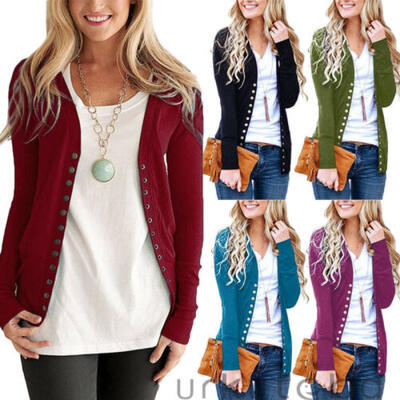 

Womens V-Neck Button Down Knitwear Long Sleeve Soft Basic Knit Snap Cardigan New