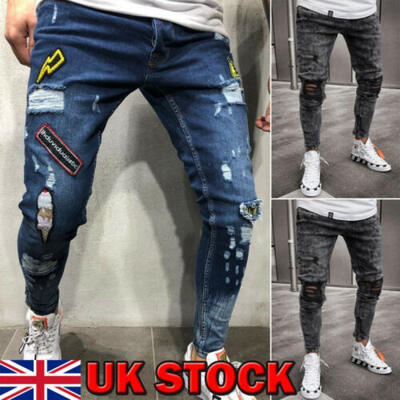 

Mens Stretchy Jeans Ripped Skinny Biker Destroyed Denim Slim Fit Pants Trousers