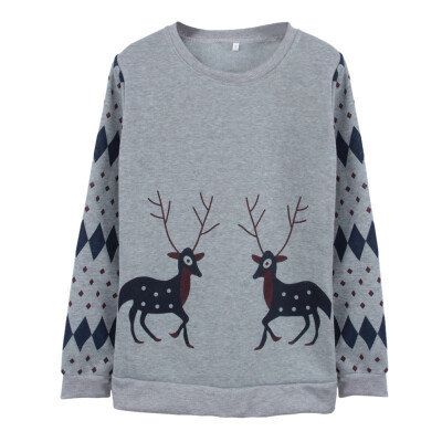 

Women Christmas Long Sleeve Plus Velvet Round Neck Sweatshirt Winter Fashion Casual Deer Printed Pullover 3 Colors