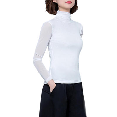 

Women High Neck Mesh Tops Solid Slim Sexy Thin Perspective Basic T-shirts